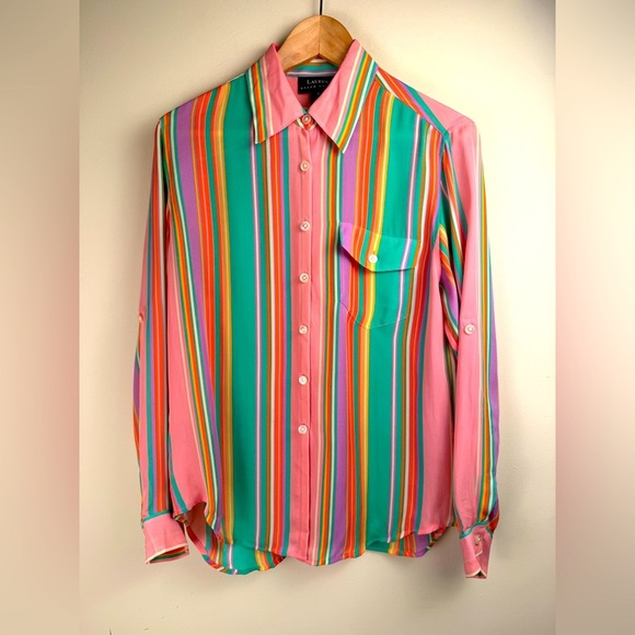 LRL Black Label 100% Silk Rainbow Striped Blouse Roll Tab Sleeve Size 6 - Picture 1 of 11
